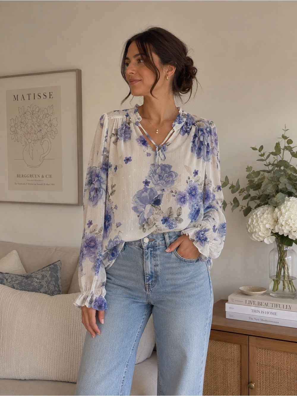 Joie Blue Garden Floral Swiss Dot Sheer Blouse Romantic Boho Top Large Flowy